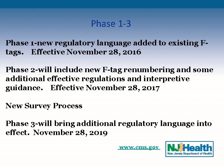 Phase 1 -3 Phase 1 -new regulatory language added to existing Ftags. Effective November