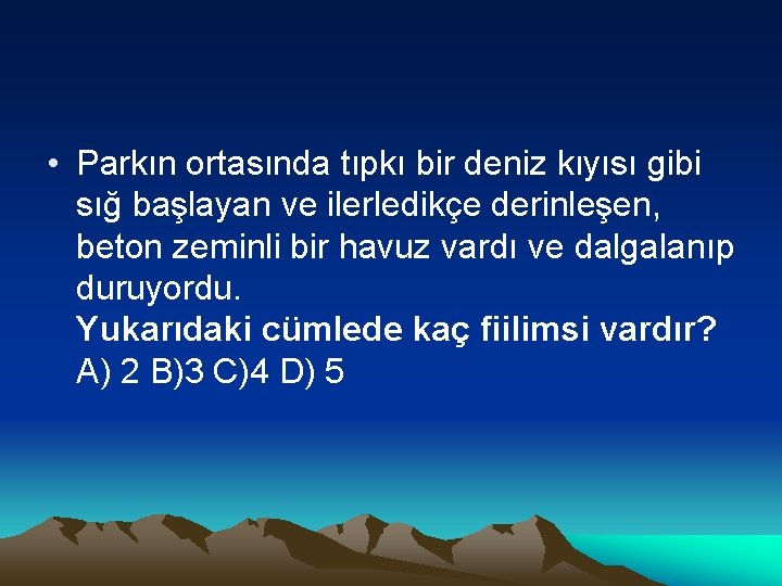  • Parkın ortasında tıpkı bir deniz kıyısı gibi sığ başlayan ve ilerledikçe derinleşen,