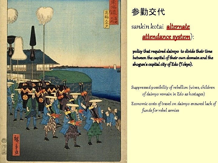 参勤交代 sankin kotai alternate attendance system): policy that required daimyo to divide their time