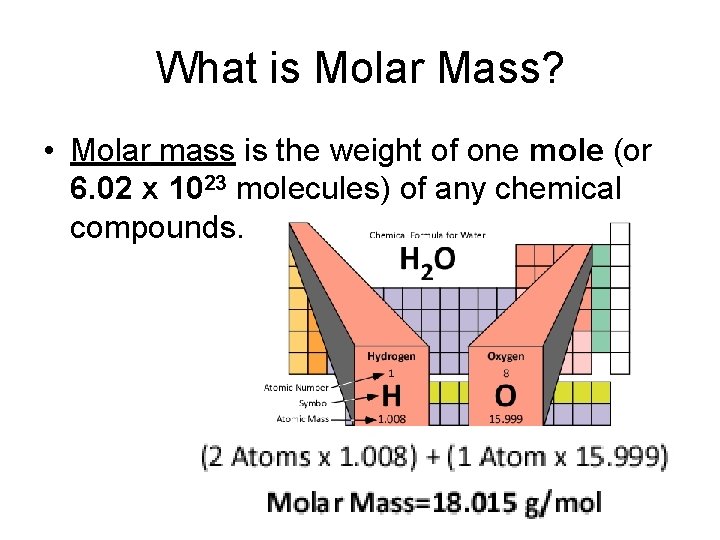 What is Molar Mass? • Molar mass is the weight of one mole (or