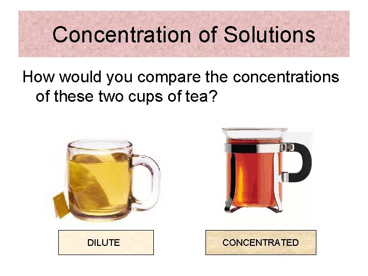 Concentration of Solutions How would you compare the concentrations of these two cups of
