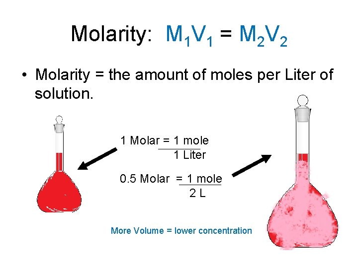 Molarity: M 1 V 1 = M 2 V 2 • Molarity = the