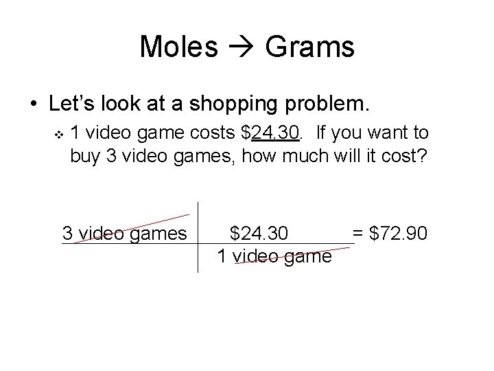 Moles Grams • Let’s look at a shopping problem. v 1 video game costs