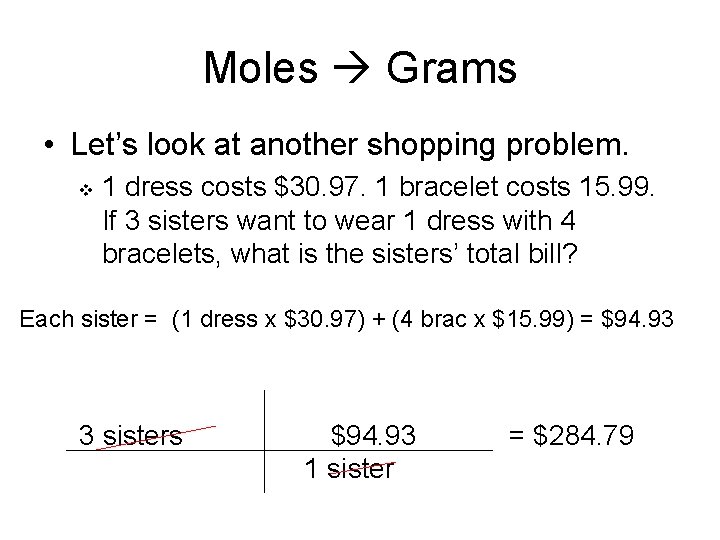 Moles Grams • Let’s look at another shopping problem. v 1 dress costs $30.