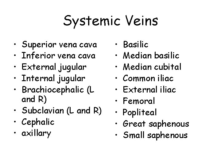Systemic Veins • • • Superior vena cava Inferior vena cava External jugular Internal