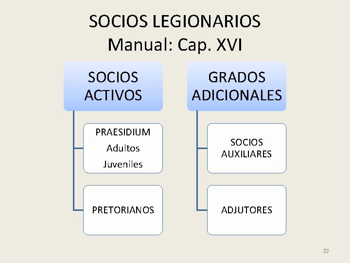 SOCIOS LEGIONARIOS Manual: Cap. XVI SOCIOS ACTIVOS PRAESIDIUM Adultos Juveniles PRETORIANOS GRADOS ADICIONALES SOCIOS SOCIOS LEGIONARIOS Manual: Cap. XVI SOCIOS ACTIVOS PRAESIDIUM Adultos Juveniles PRETORIANOS GRADOS ADICIONALES SOCIOS