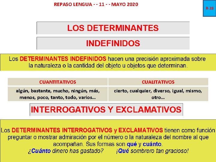 REPASO LENGUA - - 11 - - MAYO 2020 R-28 CUANTITATIVOS CUALITATIVOS algún, bastante,