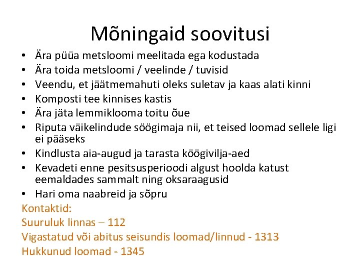 Mõningaid soovitusi Ära püüa metsloomi meelitada ega kodustada Ära toida metsloomi / veelinde /