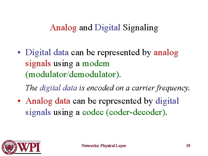Analog and Digital Signaling • Digital data can be represented by analog signals using
