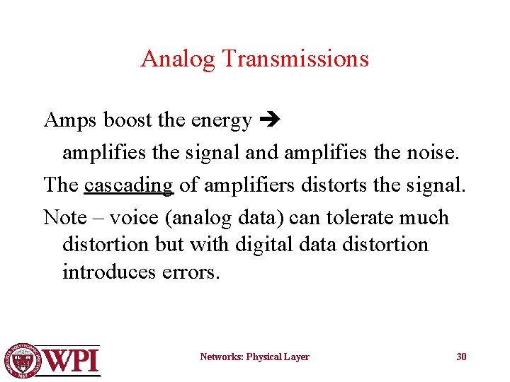 Analog Transmissions Amps boost the energy amplifies the signal and amplifies the noise. The