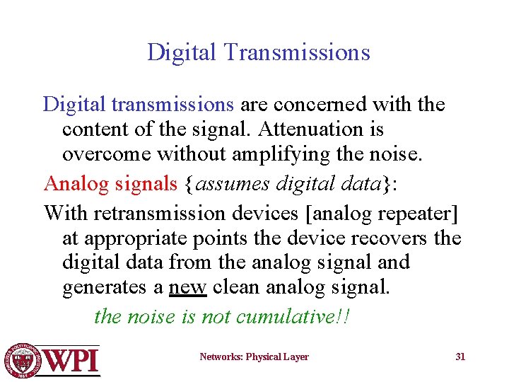 Digital Transmissions Digital transmissions are concerned with the content of the signal. Attenuation is