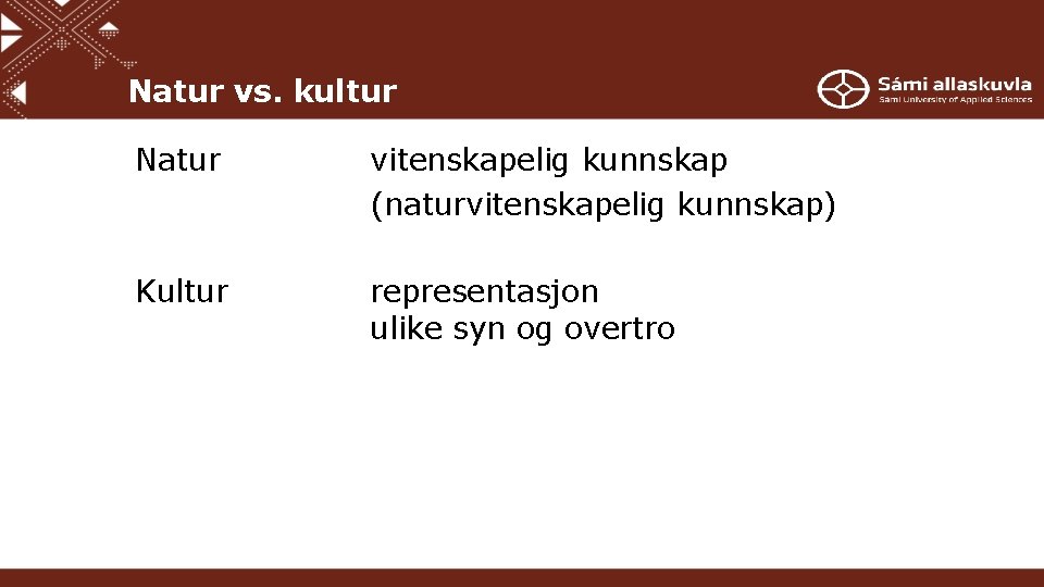 Natur vs. kultur Natur vitenskapelig kunnskap (naturvitenskapelig kunnskap) Kultur representasjon ulike syn og overtro