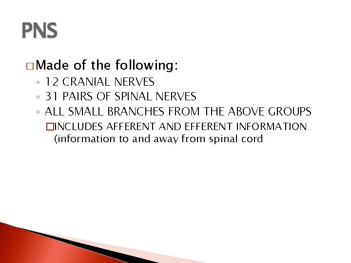 PNS � Made of the following: ◦ 12 CRANIAL NERVES ◦ 31 PAIRS OF