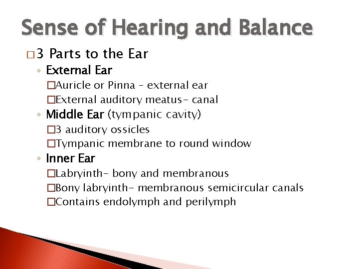 Sense of Hearing and Balance � 3 Parts to the Ear ◦ External Ear