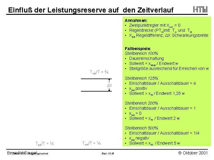  Einfluß der Leistungsreserve auf den Zeitverlauf Annahmen: • Zweipunktregler mit Xsd : =