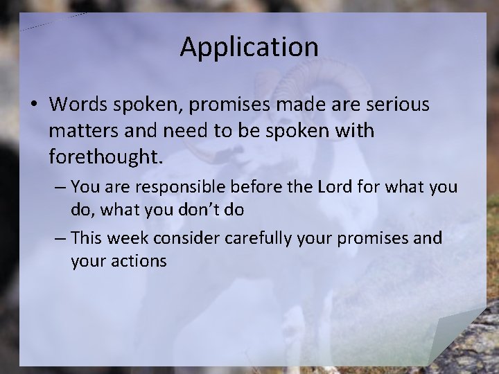 Application • Words spoken, promises made are serious matters and need to be spoken