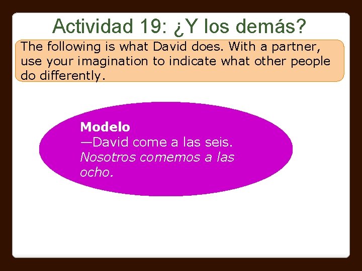 Actividad 19: ¿Y los demás? The following is what David does. With a partner,