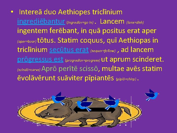  • Intereā duo Aethiopes triclīnium ingrediēbantur (ingredior=go in). Lancem (lanx=dish) ingentem ferēbant, in