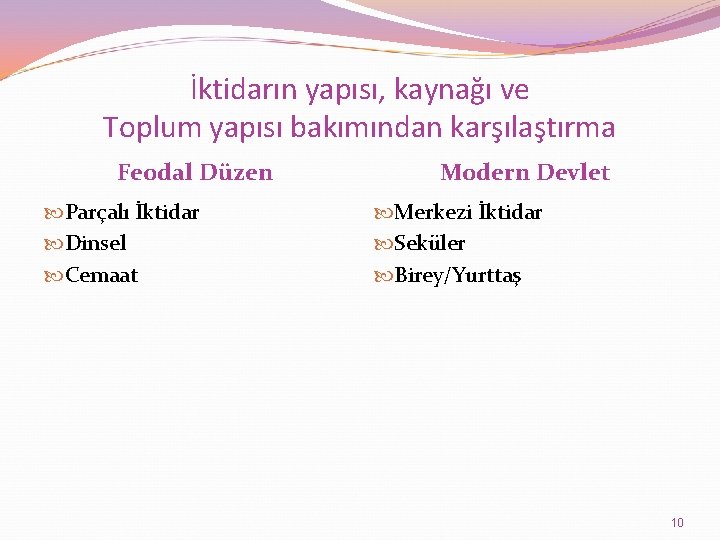 İktidarın yapısı, kaynağı ve Toplum yapısı bakımından karşılaştırma Feodal Düzen Parçalı İktidar Dinsel Cemaat