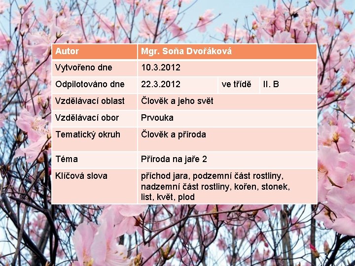 Autor Mgr. Soňa Dvořáková Vytvořeno dne 10. 3. 2012 Odpilotováno dne 22. 3. 2012