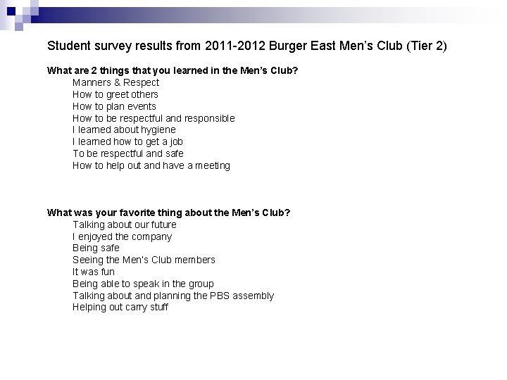 Student survey results from 2011 -2012 Burger East Men’s Club (Tier 2) What are