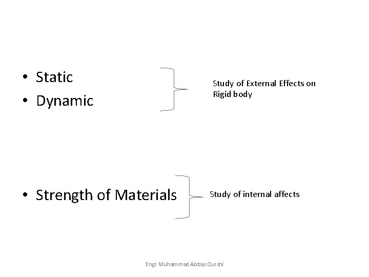  • Static • Dynamic Study of External Effects on Rigid body • Strength