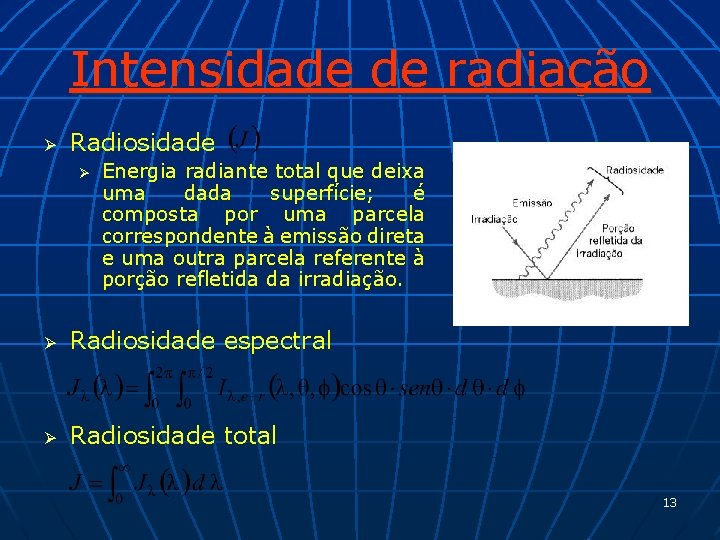 Intensidade de radiação Ø Radiosidade Ø Energia radiante total que deixa uma dada superfície;