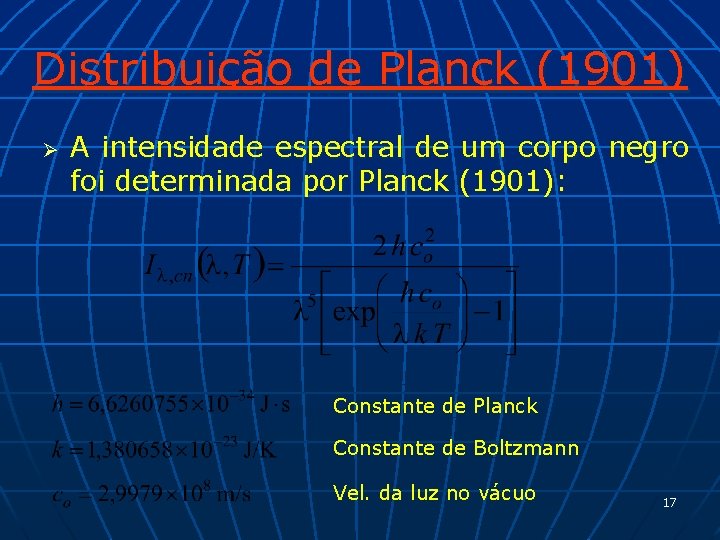 Distribuição de Planck (1901) Ø A intensidade espectral de um corpo negro foi determinada