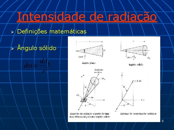 Intensidade de radiação Ø Definições matemáticas Ø ngulo sólido 8 