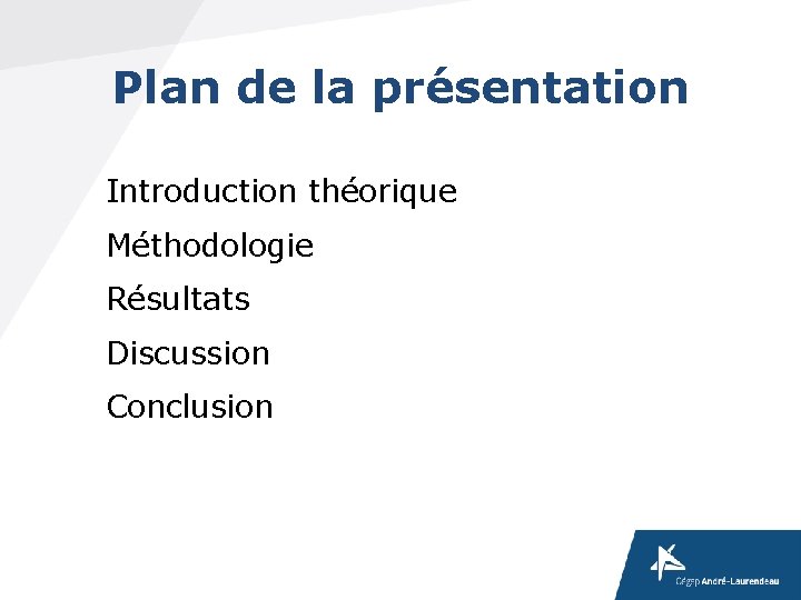 Plan de la présentation Introduction théorique Méthodologie Résultats Discussion Conclusion Plan de la présentation Introduction théorique Méthodologie Résultats Discussion Conclusion