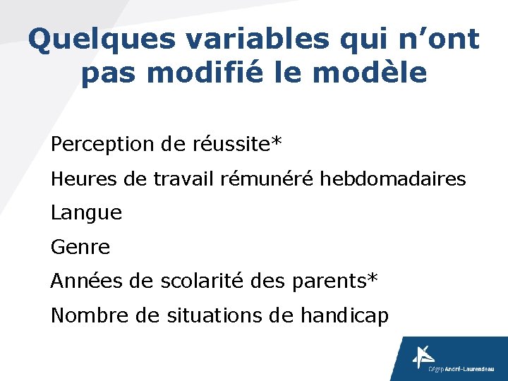 Quelques variables qui n’ont pas modifié le modèle Perception de réussite* Heures de travail Quelques variables qui n’ont pas modifié le modèle Perception de réussite* Heures de travail