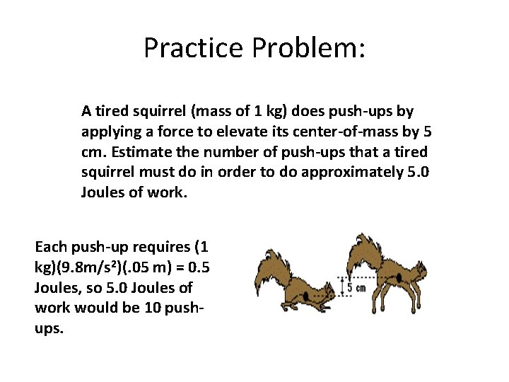 Practice Problem: A tired squirrel (mass of 1 kg) does push-ups by applying a