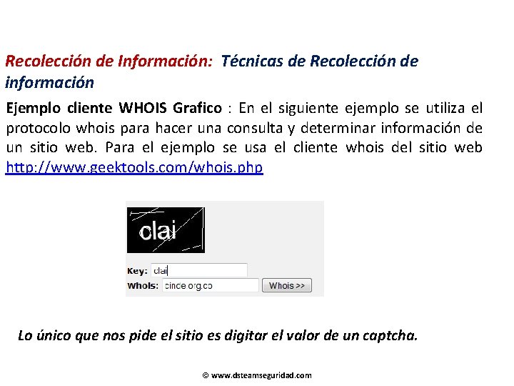 Recolección de Información: Técnicas de Recolección de información Ejemplo cliente WHOIS Grafico : En