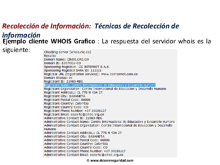 Recolección de Información: Técnicas de Recolección de información Ejemplo cliente WHOIS Grafico : La