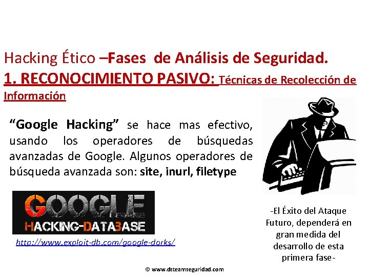 Hacking Ético –Fases de Análisis de Seguridad. 1. RECONOCIMIENTO PASIVO: Técnicas de Recolección de