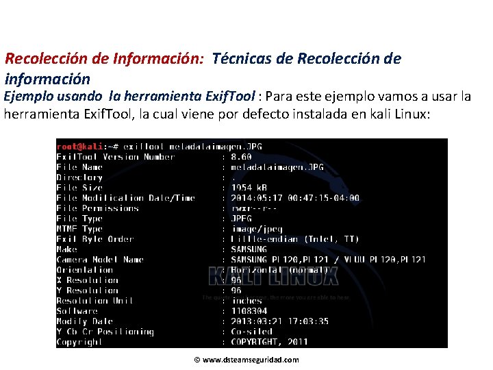 Recolección de Información: Técnicas de Recolección de información Ejemplo usando la herramienta Exif. Tool