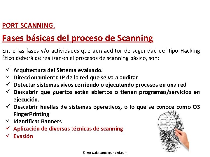PORT SCANNING. Fases básicas del proceso de Scanning Entre las fases y/o actividades que