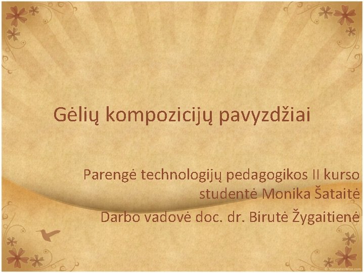 Gėlių kompozicijų pavyzdžiai Parengė technologijų pedagogikos II kurso studentė Monika Šataitė Darbo vadovė doc.