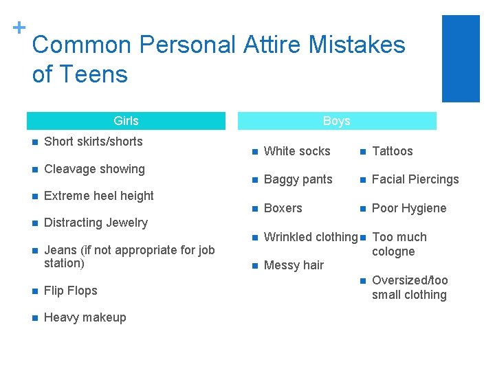 + Common Personal Attire Mistakes of Teens Girls n Short skirts/shorts n Cleavage showing