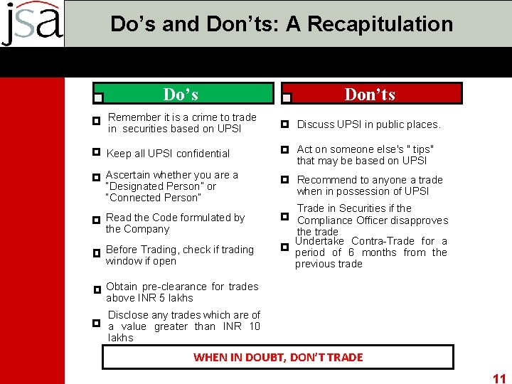Do’s and Don’ts: A Recapitulation Do’s Don’ts Remember it is a crime to trade