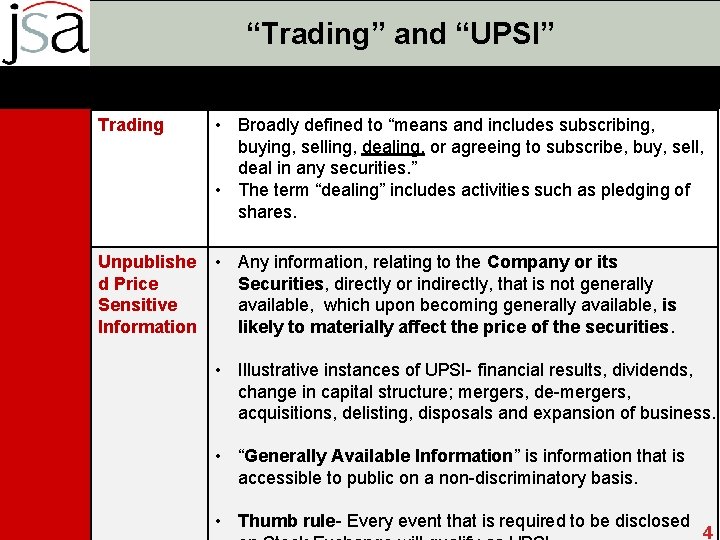 “Trading” and “UPSI” Trading • Broadly defined to “means and includes subscribing, buying, selling,