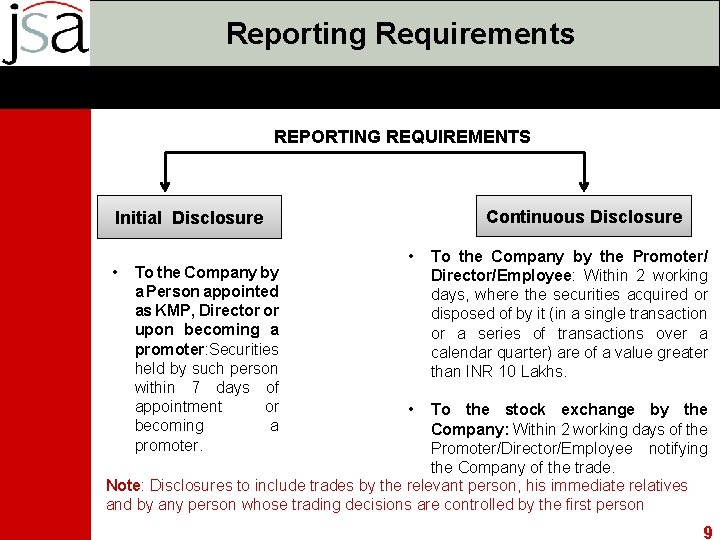 Reporting Requirements REPORTING REQUIREMENTS Continuous Disclosure Initial Disclosure • To the Company by a