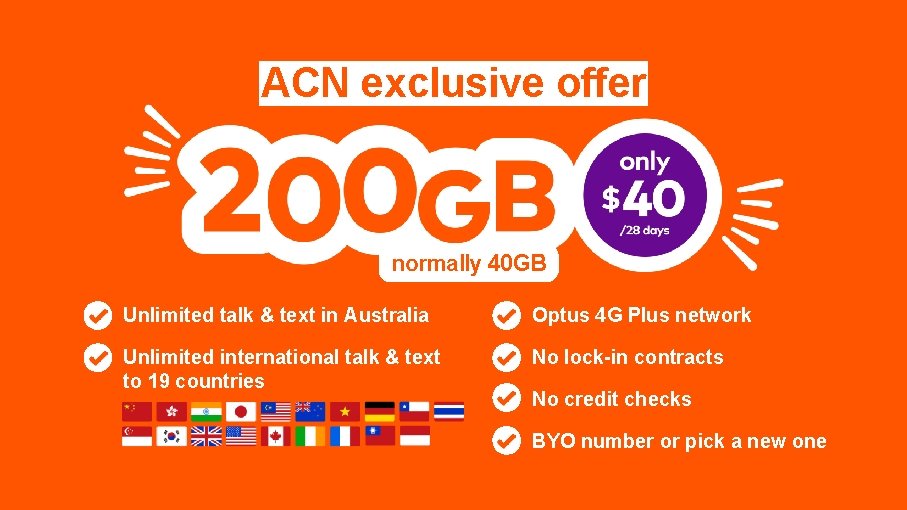 ACN exclusive offer normally 40 GB Unlimited talk & text in Australia Optus 4