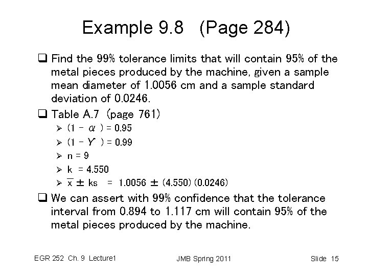 Example 9. 8 (Page 284) q Find the 99% tolerance limits that will contain