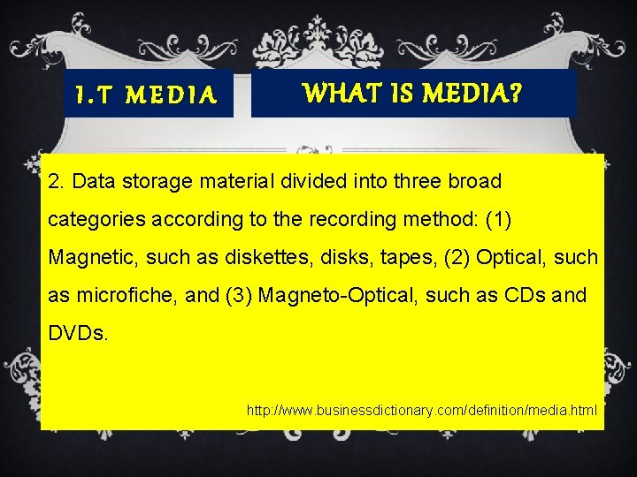 I. T MEDIA WHAT IS MEDIA? 2. Data storage material divided into three broad