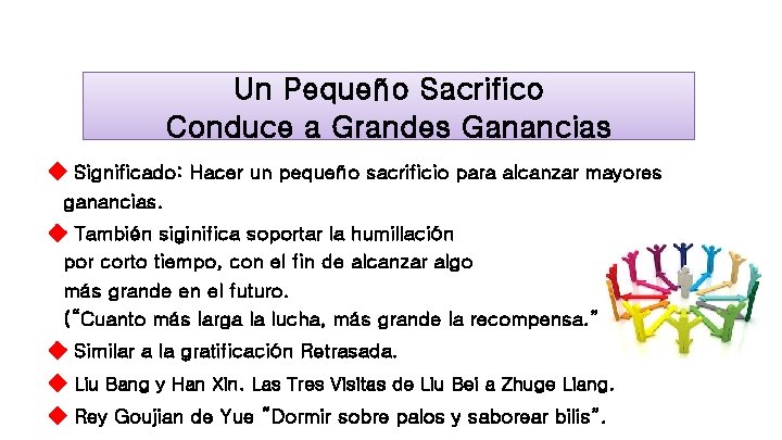 Un Pequeño Sacrifico Conduce a Grandes Ganancias ◆ Significado: Hacer un pequeño sacrificio para