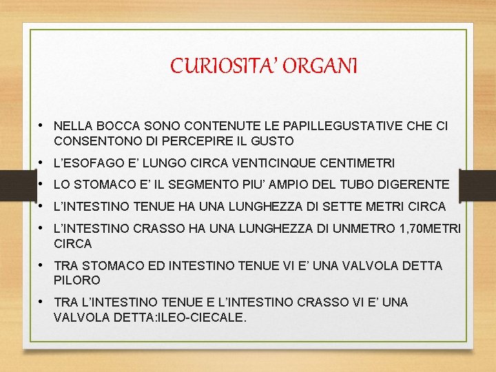 CURIOSITA’ ORGANI • NELLA BOCCA SONO CONTENUTE LE PAPILLEGUSTATIVE CHE CI CONSENTONO DI PERCEPIRE