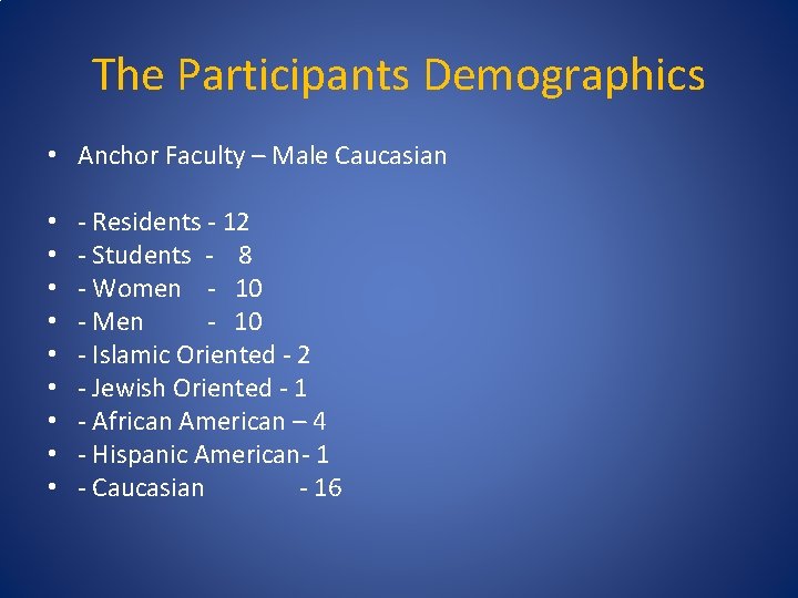 The Participants Demographics • Anchor Faculty – Male Caucasian • • • - Residents