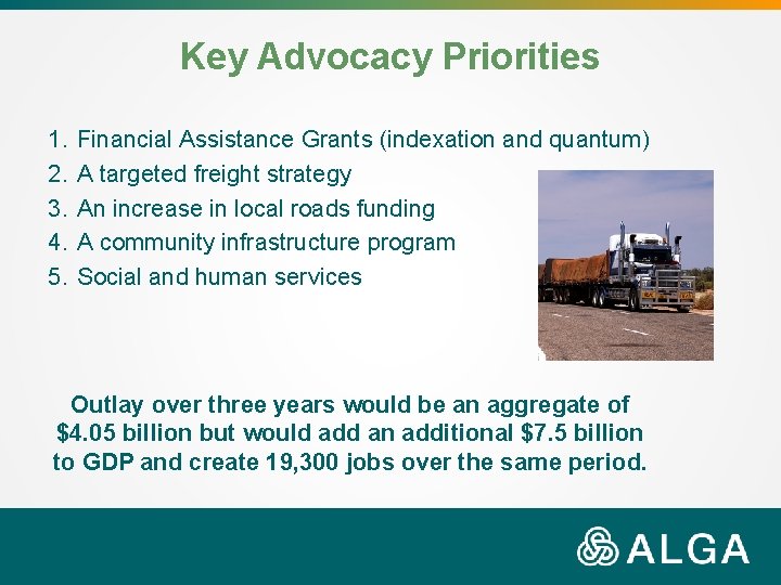 Key Advocacy Priorities 1. 2. 3. 4. 5. Financial Assistance Grants (indexation and quantum)