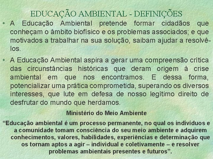 EDUCAÇÃO AMBIENTAL - DEFINIÇÕES A Educação Ambiental pretende formar cidadãos que conheçam o âmbito